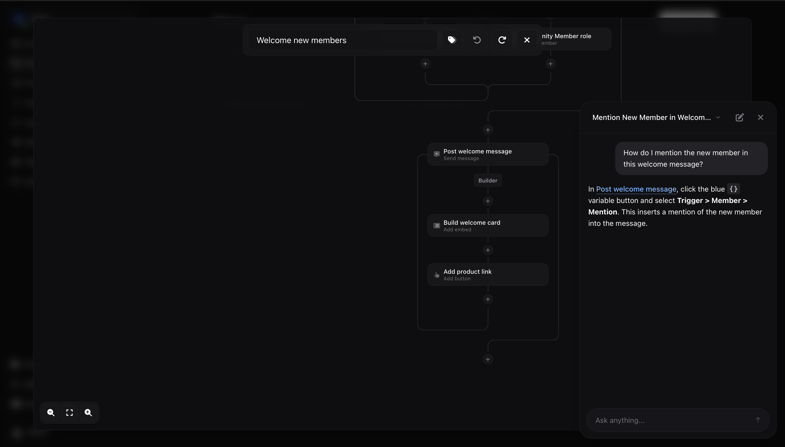 FlexyBot assistant explaining how to mention a new member in the open welcome flow