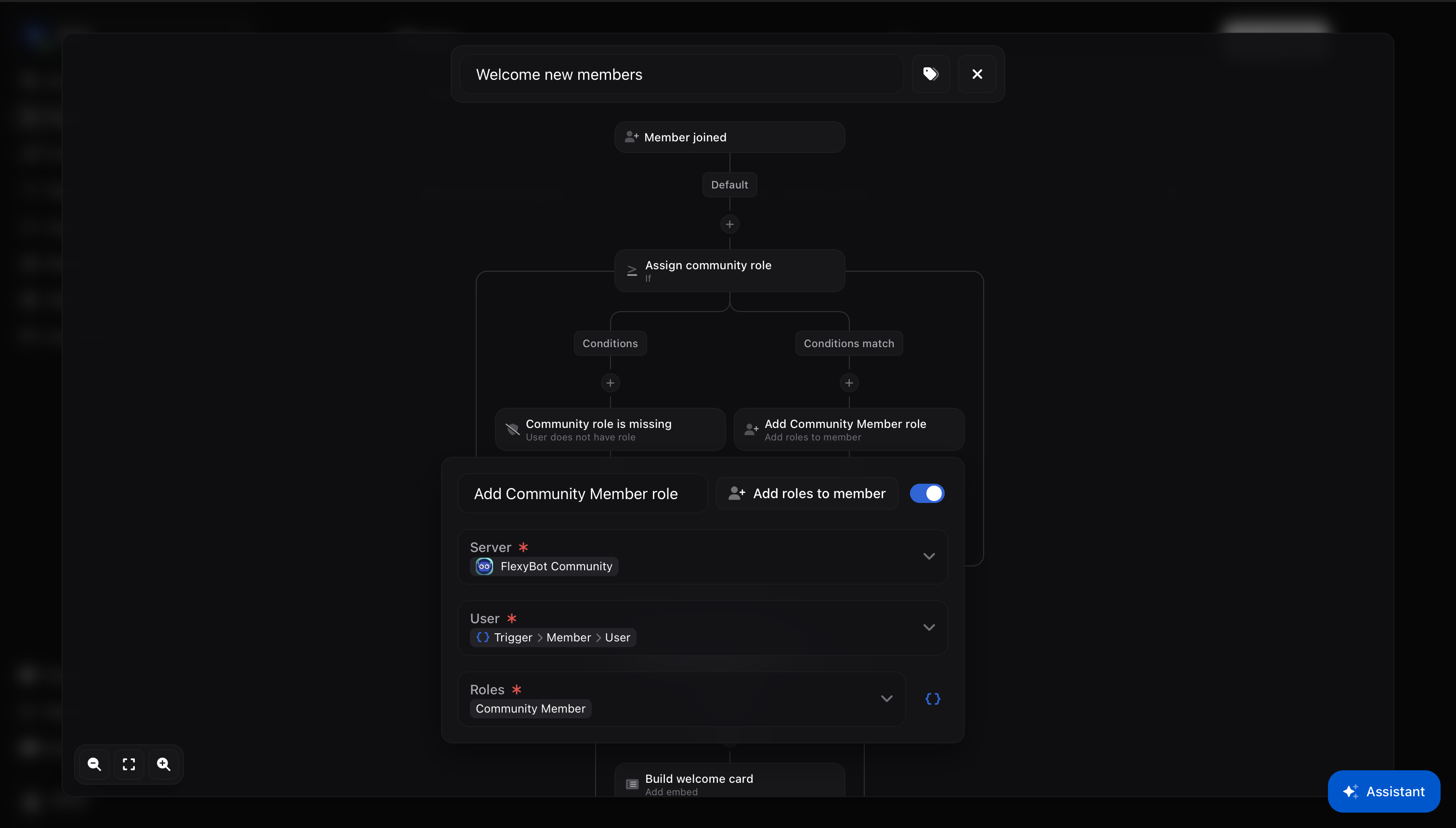 FlexyBot flow editor showing conditional logic and role configuration using trigger variables