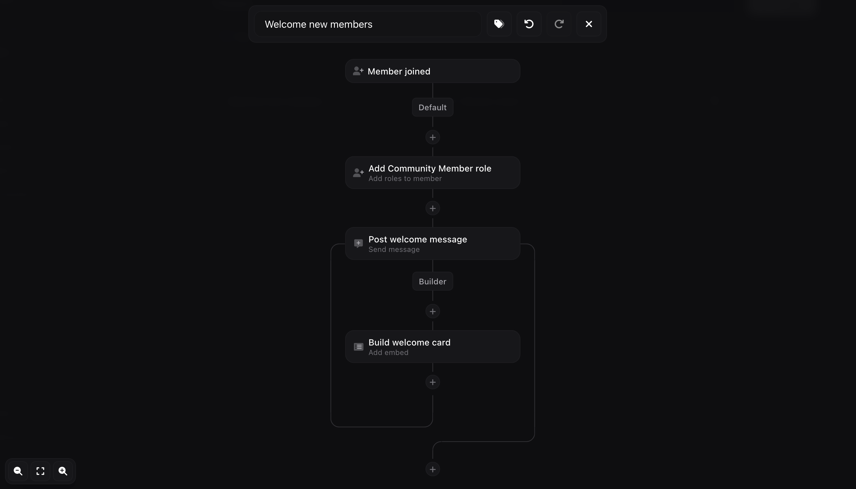 FlexyBot flow that assigns a role and sends a welcome card when a Discord member joins